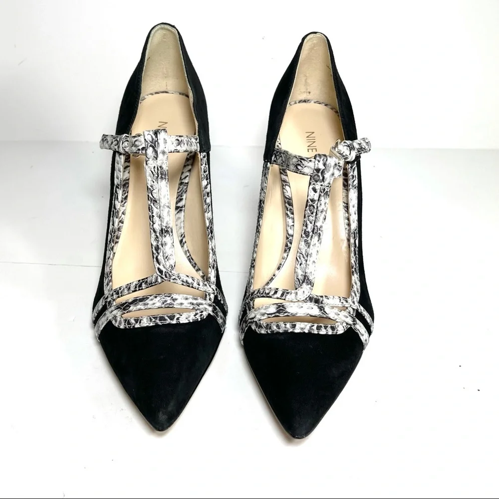 Nine West Jantine Women's T-Strap Pumps Pointed Toe Black Suede‎ Size 7.5 M
